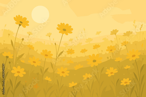 Golden Wildflower Glow. Field of golden wildflowers glowing under warm sunlight, soft natural tones, dreamy and vector
