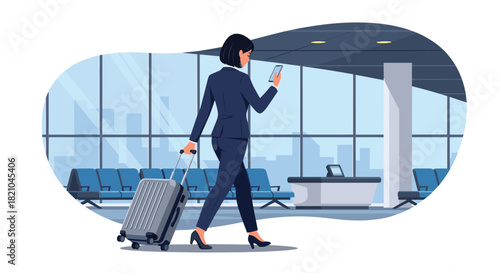 Stylish businesswoman pulling luggage while using her phone at the airport, perfect for travel blogs and business presentations about international work