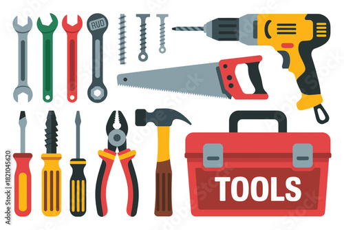 A collection of various tools including a drill, saw, wrenches, screwdrivers, pliers, a hammer, and a toolbox are neatly arranged against a white background.