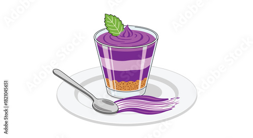 Indulge in this delicious blueberry parfait with layers of creamy yogurt and granola, topped with a fresh mint leaf for a delightful dessert experience