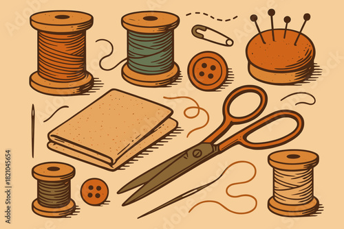 Vintage Sewing Tools. Flat lay of vintage sewing tools including spools of thread, scissors, and fabric, warm and nostalgic vector