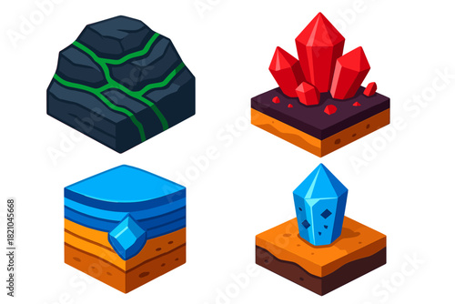 Gem Formation Vectors. Isometric vector illustration set Gem formation: emerald veins, ruby crystallization, sapphire layers,