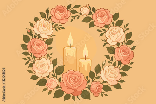 Romantic Rose Wreath. Romantic wreath of fresh pink and white roses illuminated by soft candlelight, warm vector illustration and