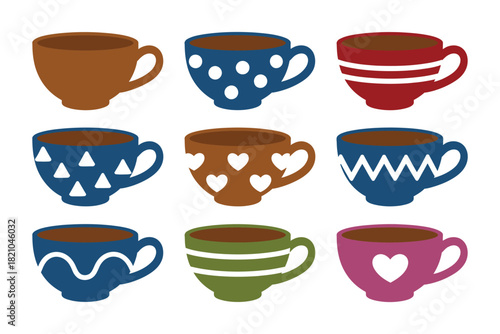 A collection of nine ceramic mugs with various patterns and colors are displayed in a grid formation against a white background, each filled with a dark liquid.