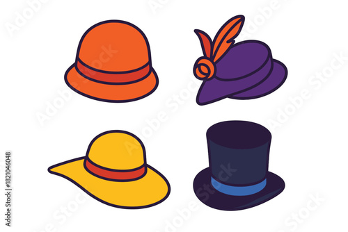 Vintage Hat Collection. Isometric vector illustration set Vintage Hat Styles: Cloche hat, feathered fascinator, wide-brimmed