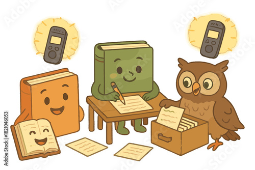 Smiling Books Preserve Language. Endangered language preservation workshop with smiling books, glowing recorders, and owls