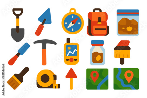 Geology Tools Icons. Flat vector icons of geological fieldwork in loess regions: shovel, trowel, compass, backpack, rock hammer,