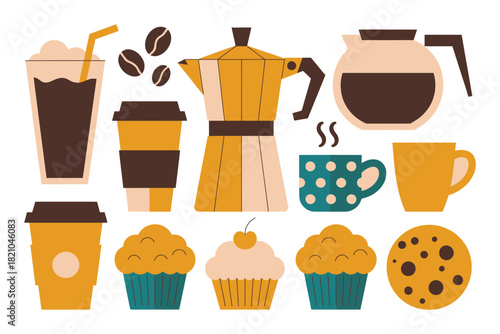 A collection of coffee-related items including a moka pot, coffee cups, muffins, and a cookie, depicted in a flat illustration style with a warm color palette.
