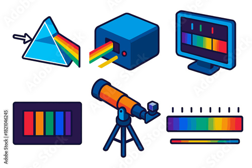 Spectroscopy Instrument Icons. Isometric vector illustration set Spectroscopy Analysis: prism spectrum, spectrograph instrument,