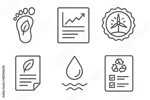 Environmental Compliance Icons. Line style icons of environmental compliance: carbon footprint icon, emissions report chart,