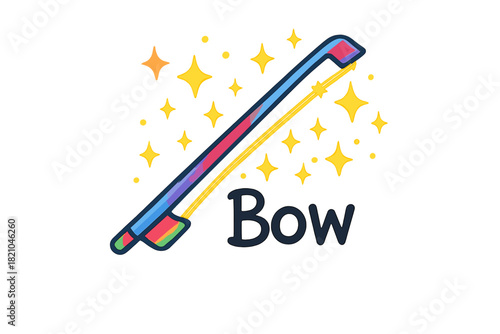 Colorful Doodle Bow. Colorful doodle violin bow with golden strings and glowing sparkles, center word “Bow”, isolated transparent
