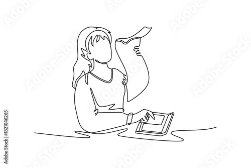 Line Art of Woman Using Digital Tablet for Work | Digital Design Illustration of Woman with Tablet | Modern Work Environment with Line Art Illustration
