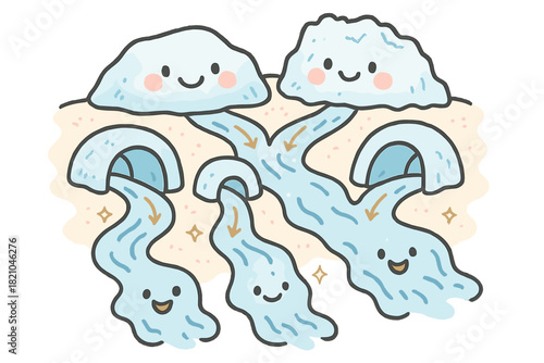 Cheerful Meltwater Doodle. Cute doodle meltwater routing scene with cheerful streams, cartoon ice tunnels with faces, smiling