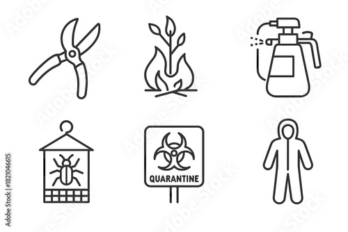 Forest Disease Management Icons. Line style icons of Forest Disease Management: pruning shears, sanitation burning, chemical spray