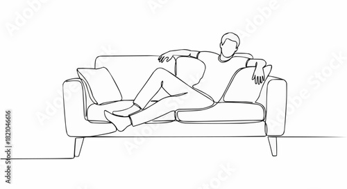 Man relaxing comfortably on a modern sofa in a minimalist line art style.