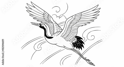 Elegant Red Crowned Crane in Flight with Wings Spread Wide.