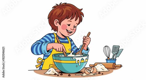 Young boy enthusiastically baking in the kitchen mixing ingredients with joy.