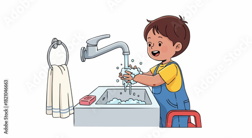 Young boy washing hands with soap and water at sink.