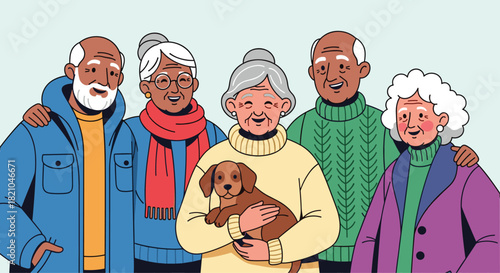 Diverse group of happy seniors enjoying life together with a charming puppy promoting joyful retirement and companionship in later years