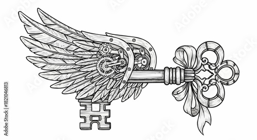 Hand drawn antique key with a mechanical feathered wing.