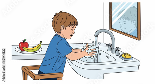 Young boy diligently washing his hands with soap and water.