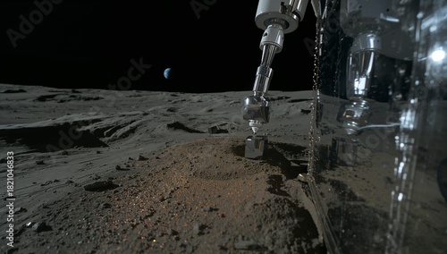 Extending robotic sampling arm pressing sampler into lunar regolith on moon, with lander and Earth