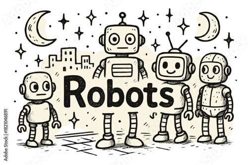 Robots on Sparkling Streets. Hand-drawn robot citizens with moons, streets, and sparkles, center word “Robots” in black and white