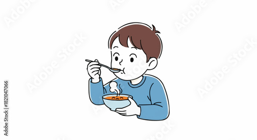 Boy Enjoying a Bowl of Soup with Focused Attention.