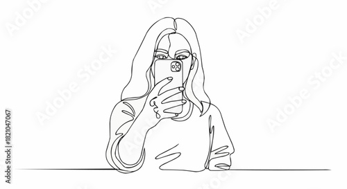 Woman taking selfie with phone in hand, line art illustration.