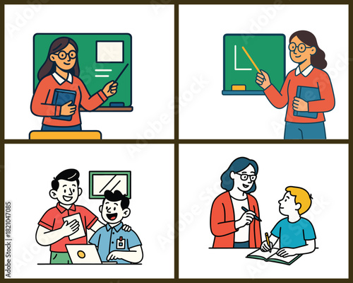 Teacher and Tutor Scenes classroom and tutoring illustrations—teacher at the board and one‑to‑one study moments. Friendly flat style perfect for schools