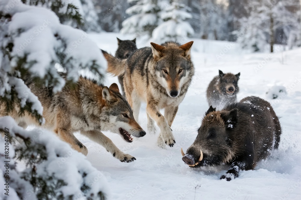 Obraz premium Wolves chasing a wild boar in a snowy forest landscape