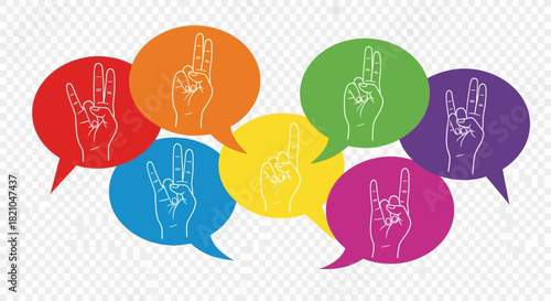Vibrant communication bubble set depicting hand gestures on transparent backdrop