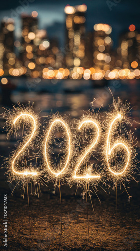 Golden sparklers for the year 2026 against a dark night sky over a blurry cityscape.