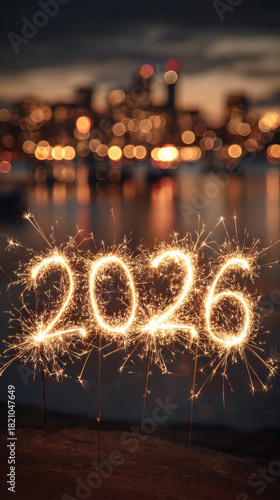 Golden sparklers for the year 2026 against a dark night sky over a blurry cityscape.