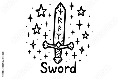 Enchanted Sword Doodle. Doodle enchanted sword with stars, runes, and sparkles, center word “Sword” in black and white isolated