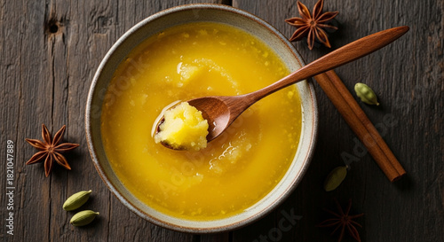 A bowl of golden clarified butter ghee with a wooden spoon, star anise and cardamom on dark wood