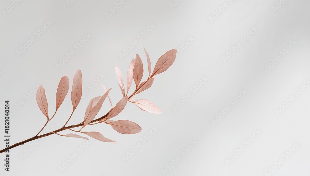 Obraz premium Featuring single slender twig running diagonally in studio, with veined pink leaves, copy space