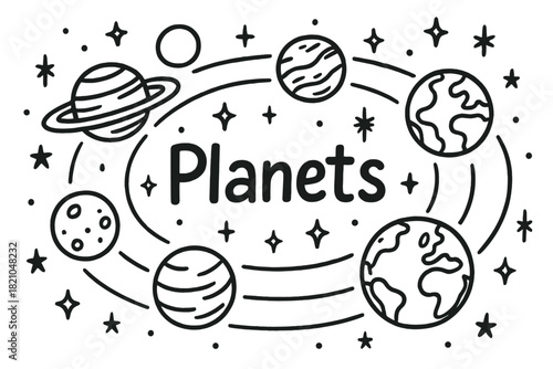 Planetary Alignment Doodle. Doodle planetary alignment with stars, orbits, and sparkles, center word “Planets” in black and white