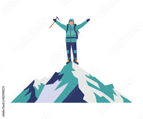 Triumphant mountaineer celebrates reaching summit with outstretched arms and ice axe, symbolizing adventure, achievement, and conquering challenges