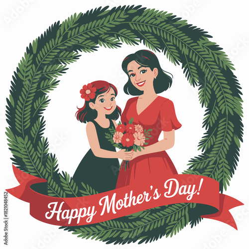 Mother's Day Celebration with Mother and Daughter Holding Flowers – Floral Wreath Design.