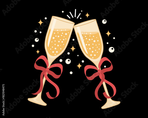 Elegant champagne glasses with red ribbon bows and sparkling bubbles clinking together on a black background, festive celebration New Year holiday toast illustration. Vector illustration.