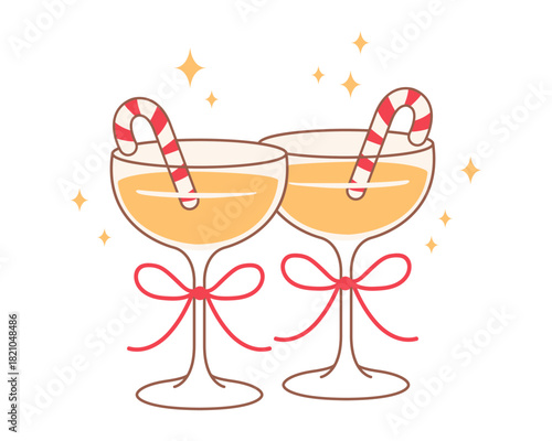 Festive champagne coupe glasses with candy canes, sparkling stars and decorative red bows in elegant minimal line art holiday style for Christmas celebration designs. Vector illustration.