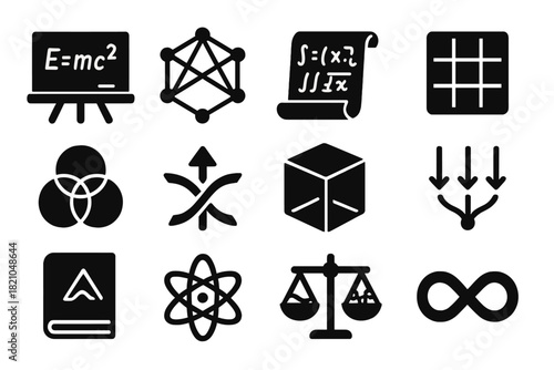 Particle Physics Icons. Solid style icons of particle physics theory: blackboard with equations, symmetry group diagram,