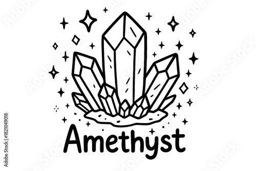 Giant Amethyst Doodle. Doodle giant amethyst with stars, shards, and sparkles, center word “Amethyst” in black and white isolated