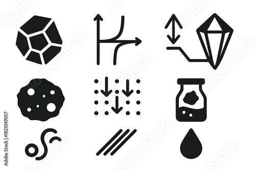 Anti-Gravity Materials Icon Set. Solid style icons of anti-gravity materials: exotic alloy sample, negative mass diagram,