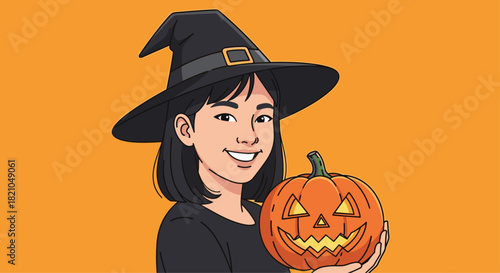 Charming Halloween witch holding a jack-o'-lantern, ready for spooky fun and trick-or-treating celebrations this season!
