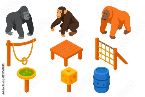 Zoo Enrichment Icons. Isometric vector illustration set Zoo animals – gorilla, chimpanzee, orangutan; rope swing, wooden platform,