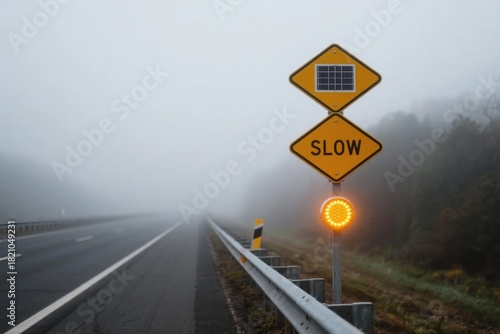 Foggy highway with illuminated 'SLOW' warning sign and solar-powered light