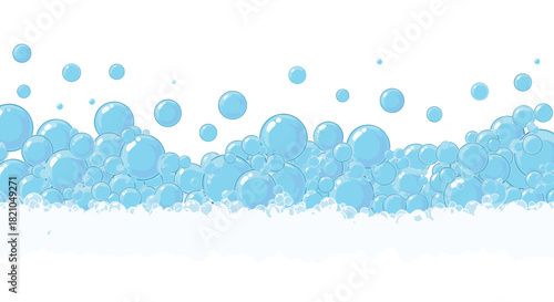 Crisp light blue bubbles and foam create a refreshing, clean feeling for hygiene products and playful designs in a bubbly background illustration