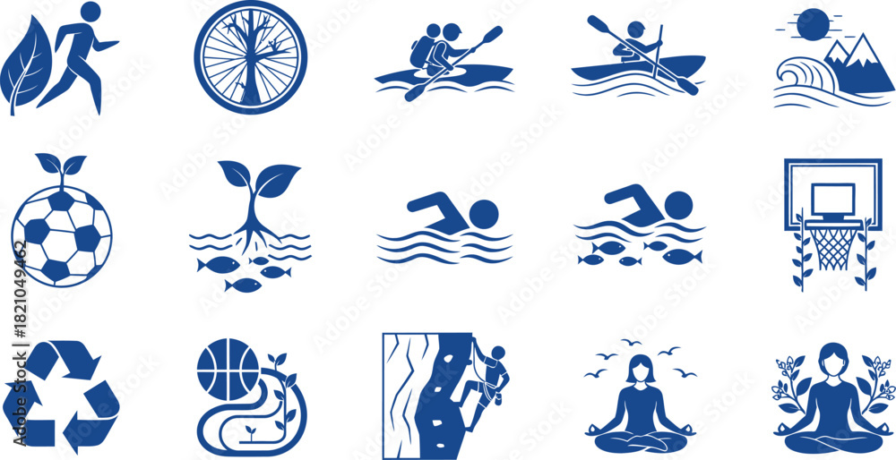 Fototapeta premium Blue silhouette icons for sports and nature on a transparent background running cycling